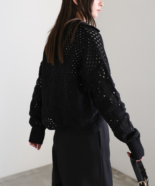 select MOCA(セレクトモカ)の「透かし編みスキッパーニット(ニット/セーター・レディース・オフホワイト/ブラック/ライトグレー・FREE)」の7枚目の写真
