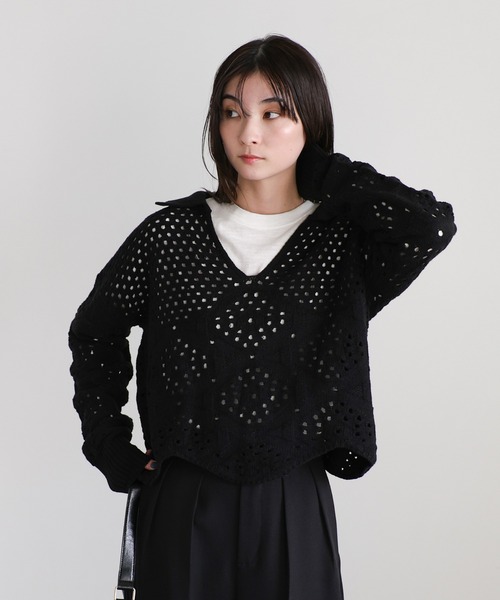 select MOCA(セレクトモカ)の「透かし編みスキッパーニット(ニット/セーター・レディース・オフホワイト/ブラック/ライトグレー・FREE)」の6枚目の写真