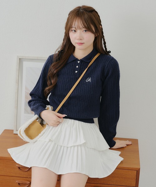 Another Branch olive des olive(アナザーブランチオリーブデオリーブ)の「ハート釦ケーブルポロKT(ニット/セーター・レディース・アイボリー/サックスブルー/イエロー/ネイビー・FREE)」の3枚目の写真