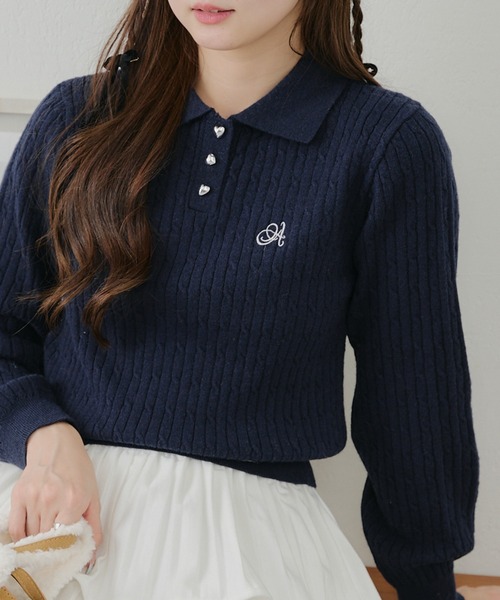 Another Branch olive des olive(アナザーブランチオリーブデオリーブ)の「ハート釦ケーブルポロKT(ニット/セーター・レディース・アイボリー/サックスブルー/イエロー/ネイビー・FREE)」の12枚目の写真