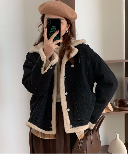 ボアコンビデニムジャケット　 インディゴデニム×ベージュ【完売品】 セール】裏ボアデニムジャケット（デニムジャケット）｜LETee