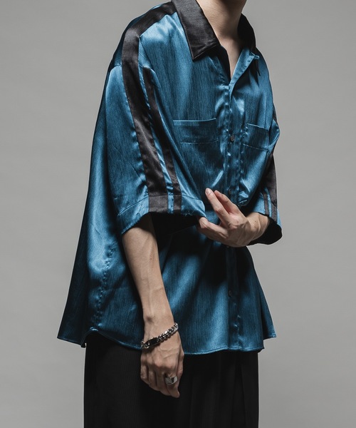Casper John セットアップ +フリンジシャツ＋ポールスミスピアス Striped crepe satin bowling shirts/楊柳サテンボーリング