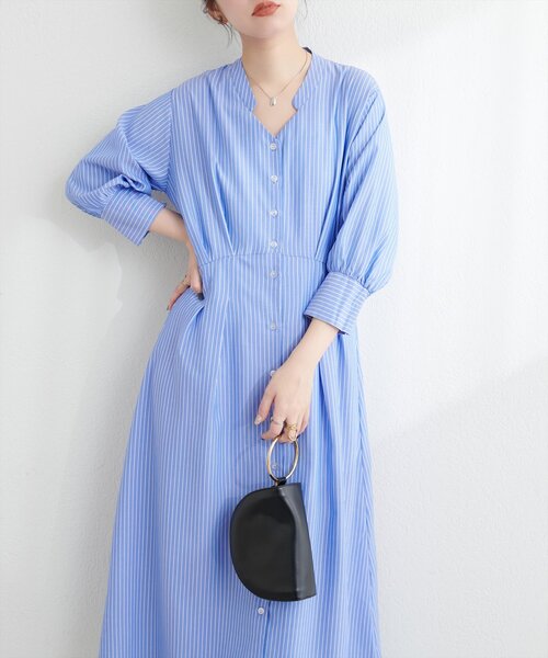 natural couture(ナチュラルクチュール)の「タックシャツワンピース(ワンピース・レディース・ブルー/オフホワイト/ピンク/ベージュ/イエロー・FREE/LARGE)」の10枚目の写真