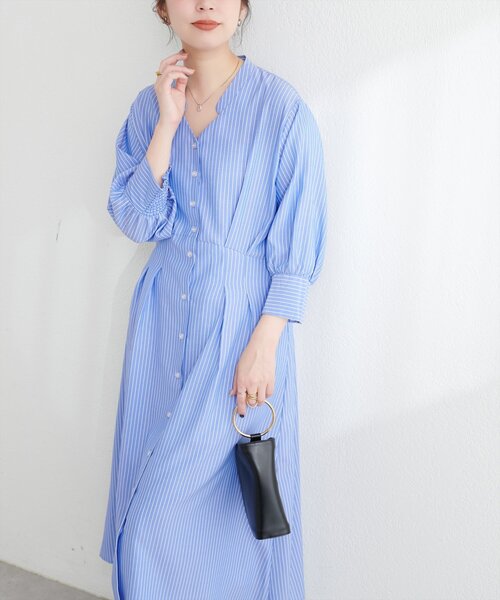 natural couture(ナチュラルクチュール)の「タックシャツワンピース(ワンピース・レディース・ブルー/オフホワイト/ピンク/ベージュ/イエロー・FREE/LARGE)」の4枚目の写真