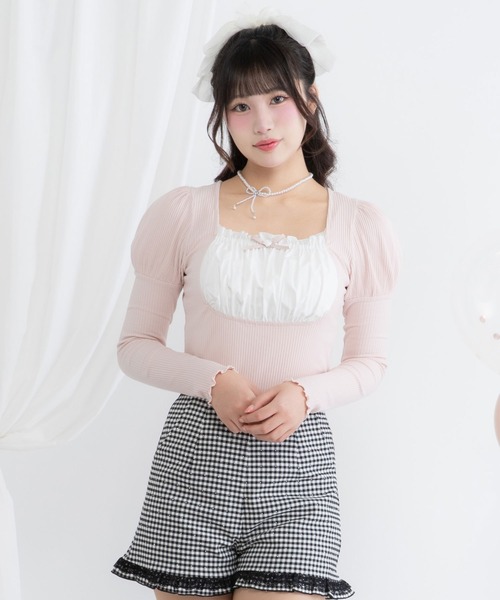 DearMyLoveRose(ディアマイラブローズ)の「ヨークフリルリボンパフ袖カットトップス【大きいサイズ有】(Tシャツ/カットソー・レディース・ホワイト/グレー/ライトグレー/ブラック/ホワイト系その他/ピンクベージュ・SMALL/3L/LL/LARGE/MEDIUM)」の6枚目の写真