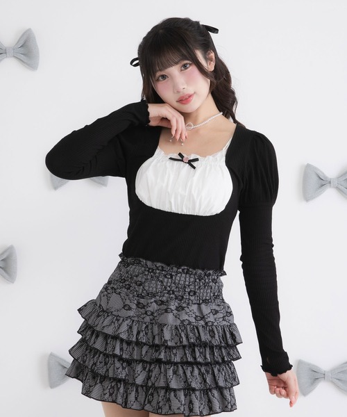 DearMyLoveRose(ディアマイラブローズ)の「ヨークフリルリボンパフ袖カットトップス【大きいサイズ有】(Tシャツ/カットソー・レディース・ホワイト/グレー/ライトグレー/ブラック/ホワイト系その他/ピンクベージュ・SMALL/3L/LL/LARGE/MEDIUM)」の3枚目の写真