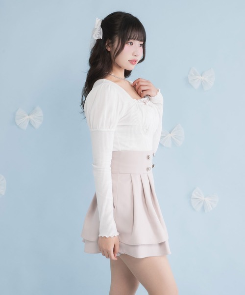 DearMyLoveRose(ディアマイラブローズ)の「ヨークフリルリボンパフ袖カットトップス【大きいサイズ有】(Tシャツ/カットソー・レディース・ホワイト/グレー/ライトグレー/ブラック/ホワイト系その他/ピンクベージュ・SMALL/3L/LL/LARGE/MEDIUM)」の7枚目の写真