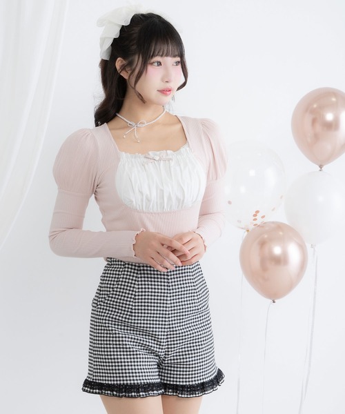 DearMyLoveRose(ディアマイラブローズ)の「ヨークフリルリボンパフ袖カットトップス【大きいサイズ有】(Tシャツ/カットソー・レディース・ホワイト/グレー/ライトグレー/ブラック/ホワイト系その他/ピンクベージュ・SMALL/3L/LL/LARGE/MEDIUM)」の12枚目の写真