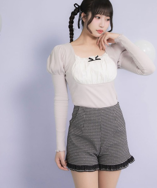 DearMyLoveRose(ディアマイラブローズ)の「ヨークフリルリボンパフ袖カットトップス【大きいサイズ有】(Tシャツ/カットソー・レディース・ホワイト/グレー/ライトグレー/ブラック/ホワイト系その他/ピンクベージュ・SMALL/3L/LL/LARGE/MEDIUM)」の15枚目の写真