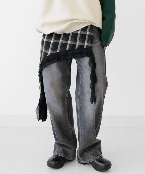 レイヤードレース付き チェック柄 アシンメトリーラップスカート