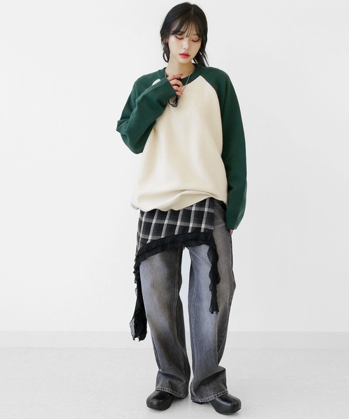 minsobi(ミンソビ)の「レイヤードレース付き チェック柄 アシンメトリーラップスカート(スカート・レディース・ブラック/ブラウン・FREE)」の9枚目の写真