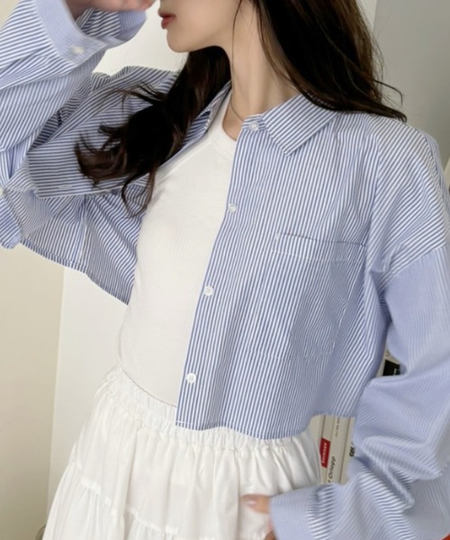 TREOVER(トレオーバー)の「【羽織に大活躍】ポケット付きクロップド丈シャツ(シャツ/ブラウス・レディース・ベージュ系/グリーン系/サックスブルー系/ブルー系/ピンク系/レッド系/オフホワイト・FREE)」の6枚目の写真