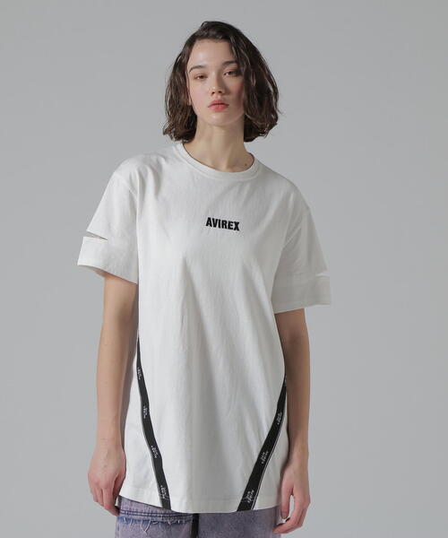 AVIREX(アヴィレックス)の「CUFFS OPEN LOGO TAPE EMBROIDERED ONEPIECE/カフスオープンロゴテープ刺繍ワンピース(ワンピース・レディース・ブラック/パープル/ホワイト系2・F)」の1枚目の写真