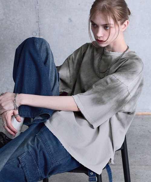 SERACE ネイビー S ヴィンテージデザインルーズグラデーションTシャツ SERACE tシャツ 「SERACE」Vintage design loose gradation t