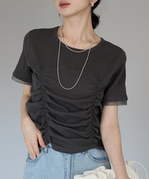 each | シャーリングギャザービスチェデザインTシャツ(Tシャツ/カットソー)
