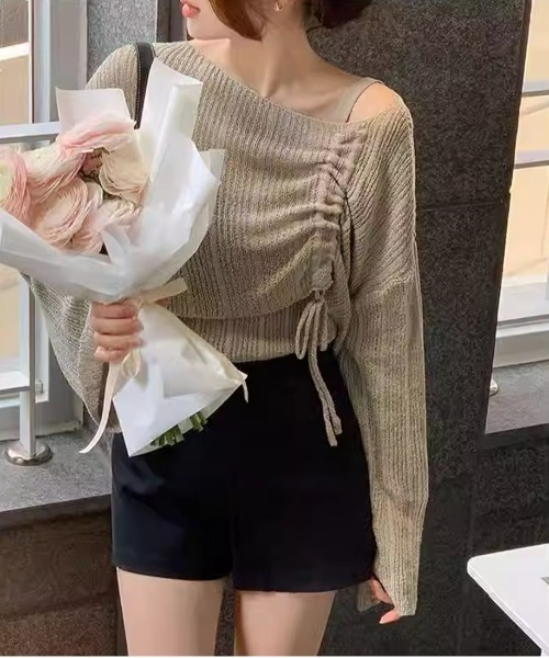 Per sist ence(パーシエンス)の「シャーリングリボンシースルーオフショルニット/キャミセット(Tシャツ/カットソー・レディース・ホワイト/グリーン/ピンク/ベージュ/イエロー/ブラック/グレー/ブルー・FREE)」の4枚目の写真