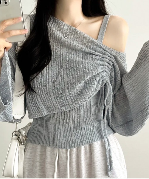 Per sist ence(パーシエンス)の「シャーリングリボンシースルーオフショルニット/キャミセット(Tシャツ/カットソー・レディース・ホワイト/グリーン/ピンク/ベージュ/イエロー/ブラック/グレー/ブルー・FREE)」の3枚目の写真