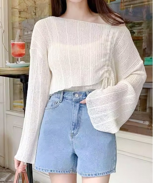 Per sist ence(パーシエンス)の「シャーリングリボンシースルーオフショルニット/キャミセット(Tシャツ/カットソー・レディース・ホワイト/グリーン/ピンク/ベージュ/イエロー/ブラック/グレー/ブルー・FREE)」の1枚目の写真