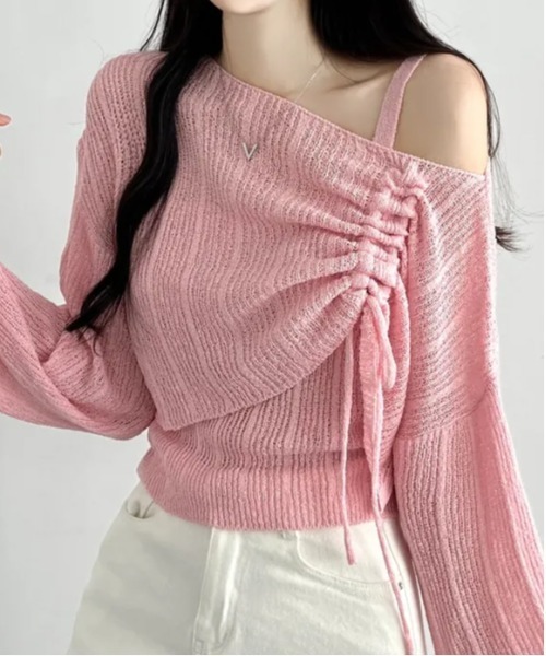 Per sist ence(パーシエンス)の「シャーリングリボンシースルーオフショルニット/キャミセット(Tシャツ/カットソー・レディース・ホワイト/グリーン/ピンク/ベージュ/イエロー/ブラック/グレー/ブルー・FREE)」の8枚目の写真