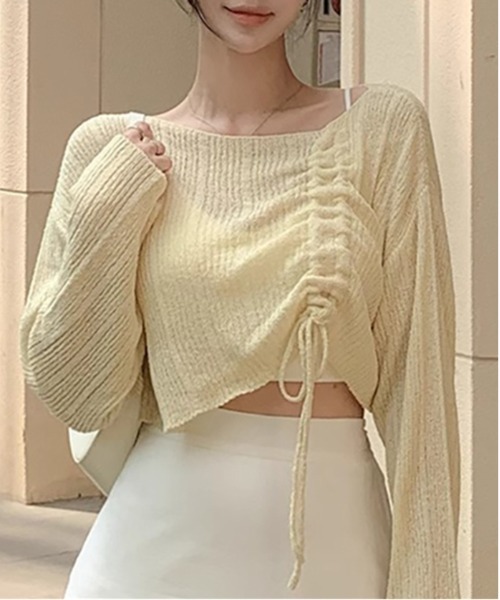 Per sist ence(パーシエンス)の「シャーリングリボンシースルーオフショルニット/キャミセット(Tシャツ/カットソー・レディース・ホワイト/グリーン/ピンク/ベージュ/イエロー/ブラック/グレー/ブルー・FREE)」の7枚目の写真