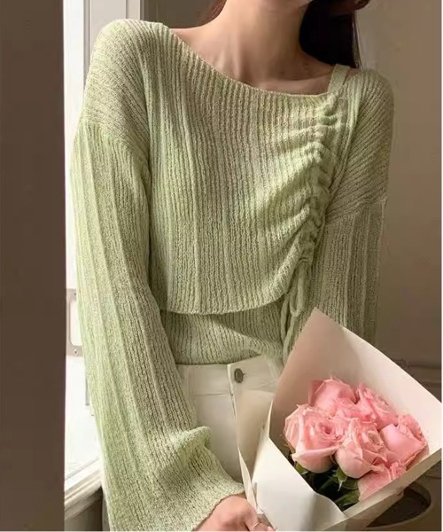 Per sist ence(パーシエンス)の「シャーリングリボンシースルーオフショルニット/キャミセット(Tシャツ/カットソー・レディース・ホワイト/グリーン/ピンク/ベージュ/イエロー/ブラック/グレー/ブルー・FREE)」の5枚目の写真