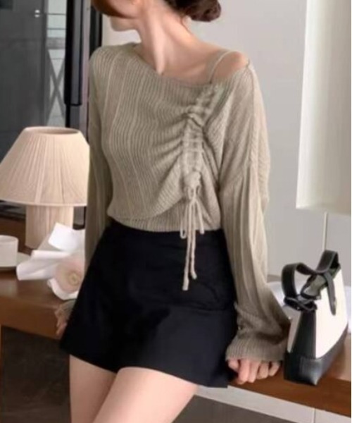 Per sist ence(パーシエンス)の「シャーリングリボンシースルーオフショルニット/キャミセット(Tシャツ/カットソー・レディース・ホワイト/グリーン/ピンク/ベージュ/イエロー/ブラック/グレー/ブルー・FREE)」の17枚目の写真