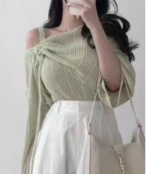 Per sist ence(パーシエンス)の「シャーリングリボンシースルーオフショルニット/キャミセット(Tシャツ/カットソー・レディース・ホワイト/グリーン/ピンク/ベージュ/イエロー/ブラック/グレー/ブルー・FREE)」の20枚目の写真