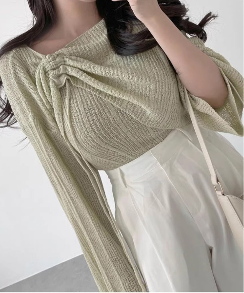 Per sist ence(パーシエンス)の「シャーリングリボンシースルーオフショルニット/キャミセット(Tシャツ/カットソー・レディース・ホワイト/グリーン/ピンク/ベージュ/イエロー/ブラック/グレー/ブルー・FREE)」の19枚目の写真