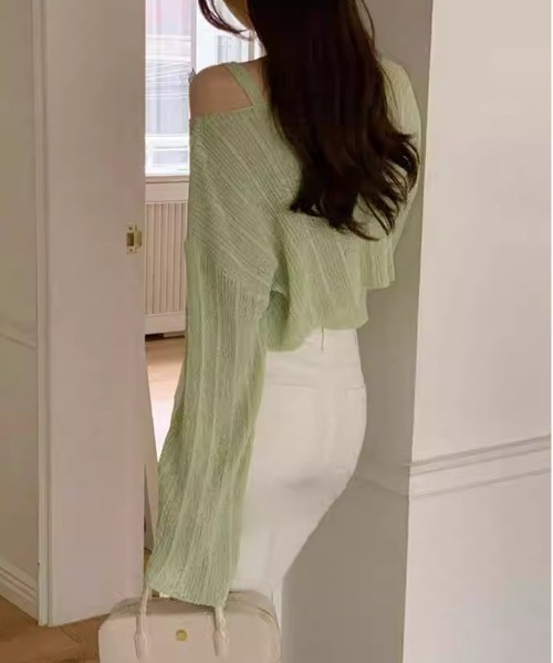 Per sist ence(パーシエンス)の「シャーリングリボンシースルーオフショルニット/キャミセット(Tシャツ/カットソー・レディース・ホワイト/グリーン/ピンク/ベージュ/イエロー/ブラック/グレー/ブルー・FREE)」の21枚目の写真