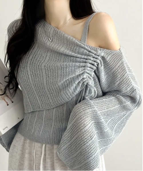 Per sist ence(パーシエンス)の「シャーリングリボンシースルーオフショルニット/キャミセット(Tシャツ/カットソー・レディース・ホワイト/グリーン/ピンク/ベージュ/イエロー/ブラック/グレー/ブルー・FREE)」の11枚目の写真