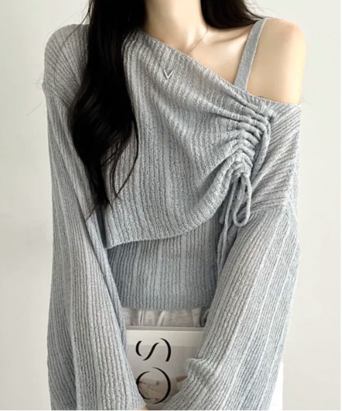 Per sist ence(パーシエンス)の「シャーリングリボンシースルーオフショルニット/キャミセット(Tシャツ/カットソー・レディース・ホワイト/グリーン/ピンク/ベージュ/イエロー/ブラック/グレー/ブルー・FREE)」の14枚目の写真