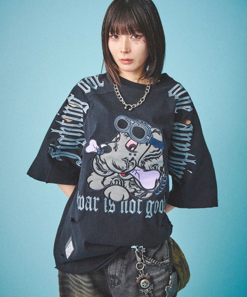 GALFY（ガルフィー）病みに染まりしダメージTシャツ メンズ レディース/半袖 セール】GALFY（ガルフィー）病みに染まりし反戦T/ダメージ加工
