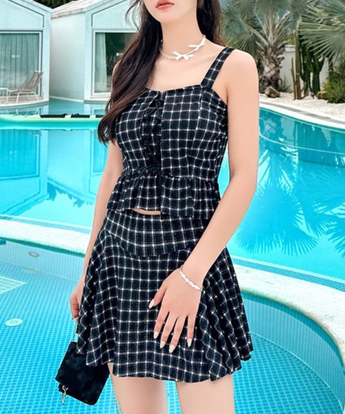DearMyLove レースアップブラジャー 水着 チェック柄 セール】リーフ柄レースアップデザインビキニ 水着2点セット