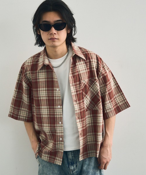 Shoowtime(VE^C)Short length regular collar check short sleeve shirt / V[g䃌M[J[`FbNVc(Vc/uEX)