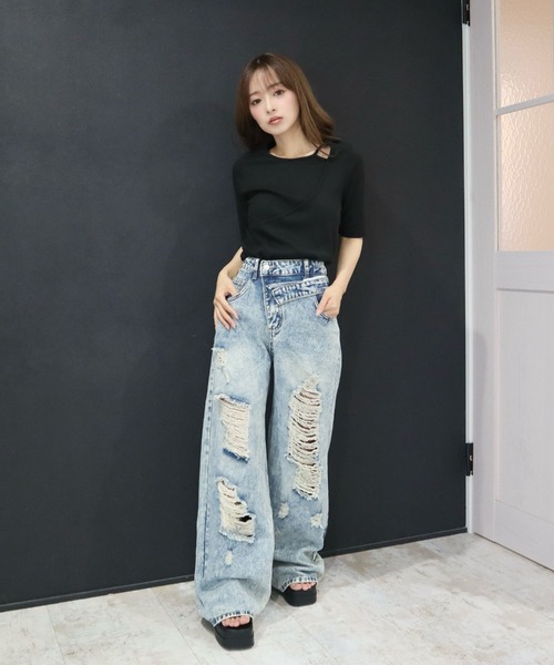 CECIL McBEE（セシルマクビー）の「ダブルウエストデザインダメージデニムパンツ（デニムパンツ・レディース・ブルー/ブラック・LARGE/MEDIUM/SMALL）」の2枚目の写真