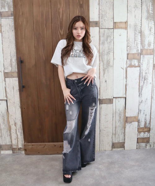 CECIL McBEE（セシルマクビー）の「ダブルウエストデザインダメージデニムパンツ（デニムパンツ・レディース・ブルー/ブラック・LARGE/MEDIUM/SMALL）」の3枚目の写真