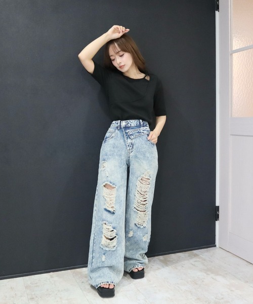 CECIL McBEE（セシルマクビー）の「ダブルウエストデザインダメージデニムパンツ（デニムパンツ・レディース・ブルー/ブラック・LARGE/MEDIUM/SMALL）」の4枚目の写真