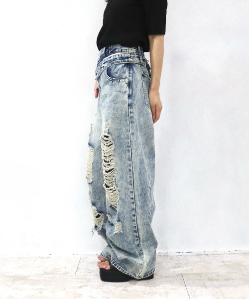 CECIL McBEE（セシルマクビー）の「ダブルウエストデザインダメージデニムパンツ（デニムパンツ・レディース・ブルー/ブラック・LARGE/MEDIUM/SMALL）」の6枚目の写真