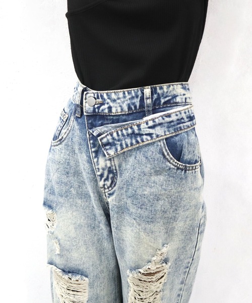 CECIL McBEE（セシルマクビー）の「ダブルウエストデザインダメージデニムパンツ（デニムパンツ・レディース・ブルー/ブラック・LARGE/MEDIUM/SMALL）」の8枚目の写真