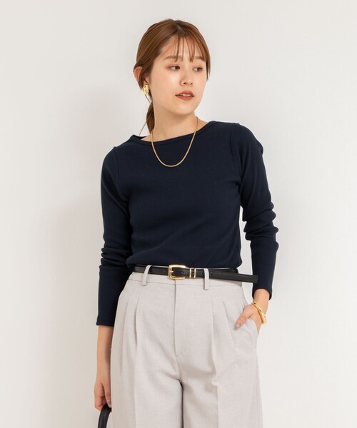 NOLLEY’S Sophi(ノーリーズソフィ)の「テレコボートネックロンT(Tシャツ/カットソー・レディース・ネイビー/ホワイト/ベビーピンク・38)」の6枚目の写真