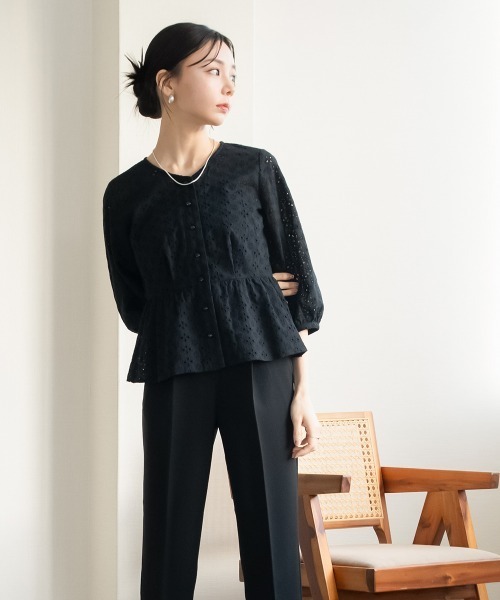 セール】小さいサイズ 綿100％透かし刺繍Vネックペプラム