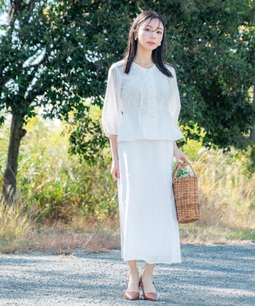 小さいサイズ 綿100％透かし刺繍Vネックペプラムブラウス 低身長