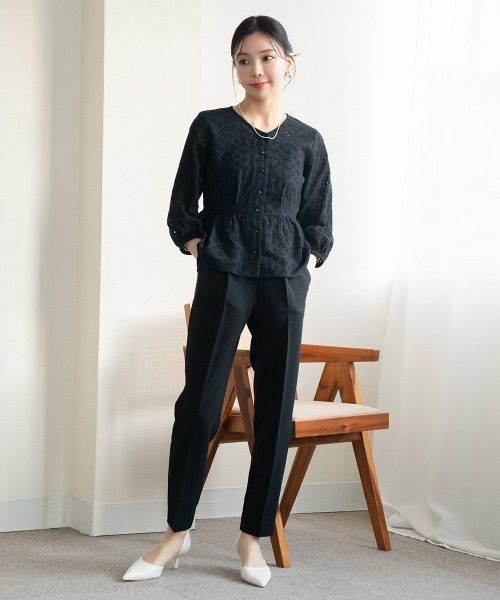 ブラウス シャツ 小さいサイズ　綿100％透かし刺繍Vネックペプラムブラウス　低身長さん・小柄女性 レディース 小さいサイズ 綿100％透かし刺繍Vネックペプラムブラウス 低身長