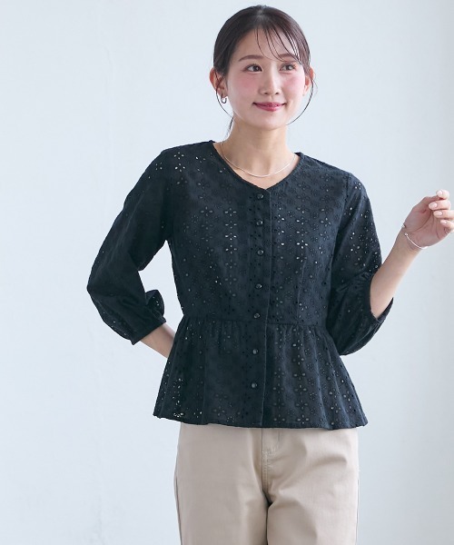 ブラウス シャツ 小さいサイズ　綿100％透かし刺繍Vネックペプラムブラウス　低身長さん・小柄女性 レディース 小さいサイズ 綿100％透かし刺繍Vネックペプラムブラウス 低身長