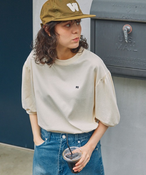 ナンバリング刺繍 パフスリーブ 半袖Tシャツ MONO-MART LADY'S