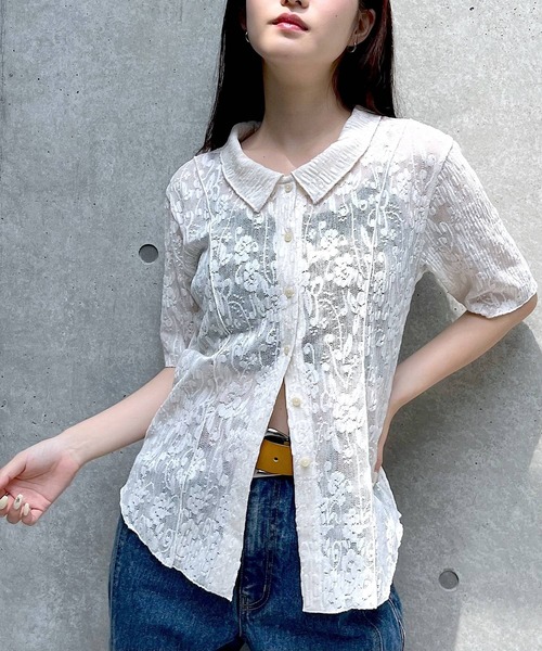 PAGEBOY（ページボーイ）の「カットレースシャツカーディガン（シャツ/ブラウス・レディース・オフホワイト/ブラック/ローズ・FREE）」の2枚目の写真