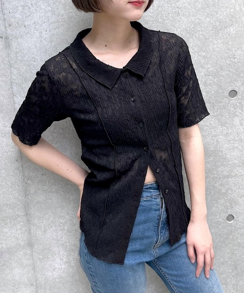 PAGEBOY（ページボーイ）の「カットレースシャツカーディガン（シャツ/ブラウス・レディース・オフホワイト/ブラック/ローズ・FREE）」の3枚目の写真