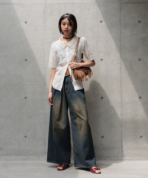 PAGEBOY（ページボーイ）の「カットレースシャツカーディガン（シャツ/ブラウス・レディース・オフホワイト/ブラック/ローズ・FREE）」の7枚目の写真