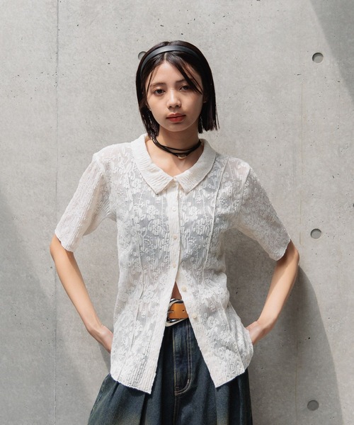 PAGEBOY（ページボーイ）の「カットレースシャツカーディガン（シャツ/ブラウス・レディース・オフホワイト/ブラック/ローズ・FREE）」の6枚目の写真