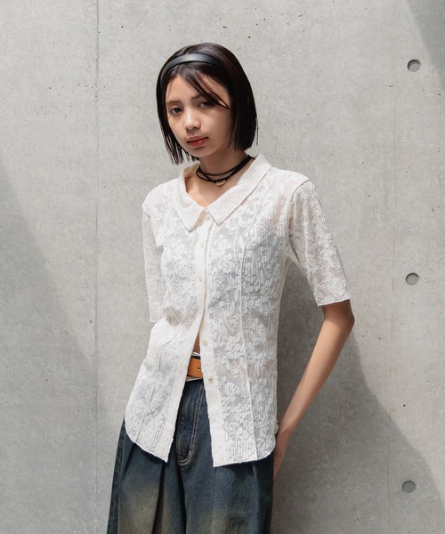 PAGEBOY（ページボーイ）の「カットレースシャツカーディガン（シャツ/ブラウス・レディース・オフホワイト/ブラック/ローズ・FREE）」の4枚目の写真